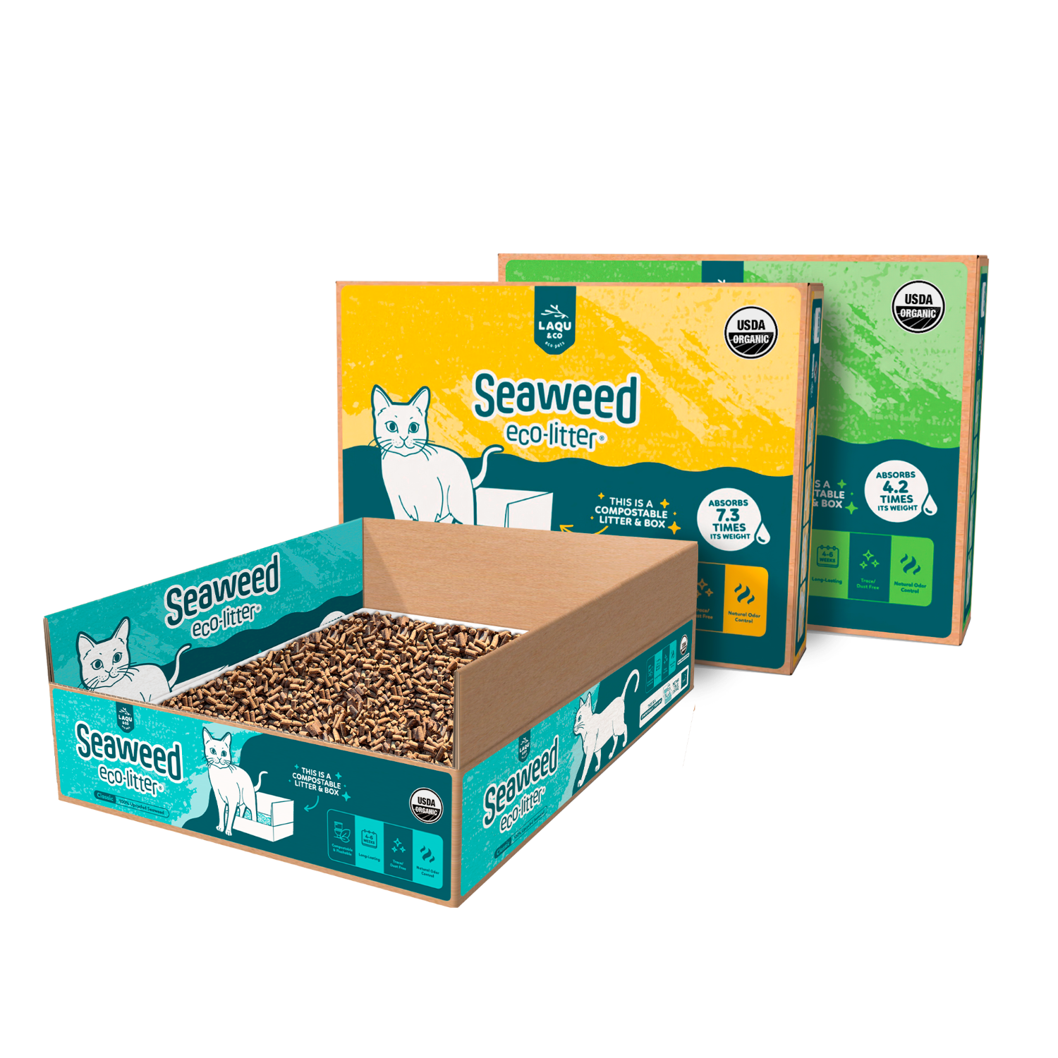 Cat litter packaging with seaweed eco-litter branding on a white background